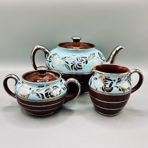 Vintage Sadler Teapot Set | Robin's Egg Blue | Silver Trim | Staffordshire England