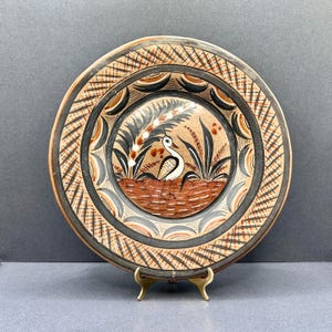 Vintage Tonala polierte Keramik Platte | 12&quot; Handbemalt | Vogel & Kaktus | Erdtöne