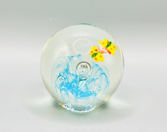 Vintage Glass Paperweight | Butterfly Duo Floating over Blue Water