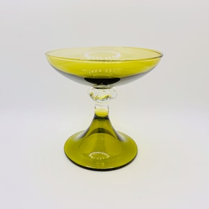 Vintage Pedestal Retro Candy Nut Compote Hand Blown Glass Dish in a Green/Topaz Colour | Elegant