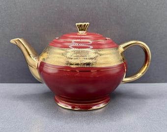 Vintage Sadler theepot in tomatenrood | Engels aardewerk uit de jaren 1930-1950 met een gegraveerde gouden bloemenband.