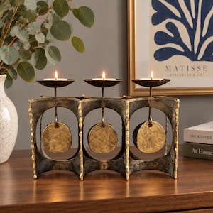 Vintage Brutalist Triple Candleholder | Welded Metal Candelabra | Bronze & Brass Mid-Century Decor