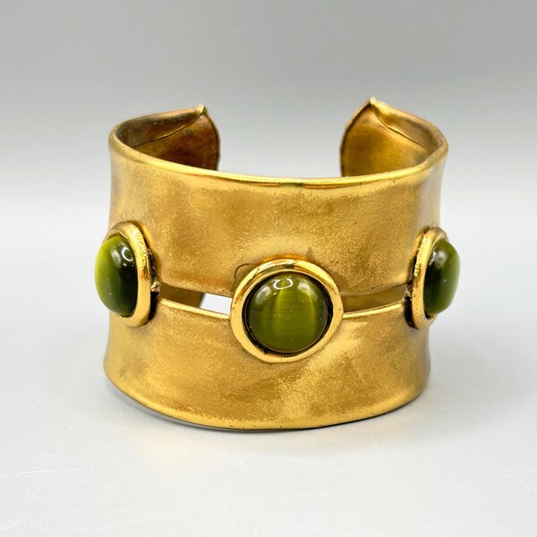 Modernist Bangle Cuff | Wide Hand Made Bangle with Green Stones| Brass Gold Tone | Brutalist | Vintage Retro