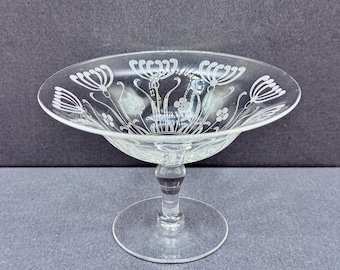 Vintage geätzte Blumenglas Kompottschale | Fußsockel Dessert Candy Bowl