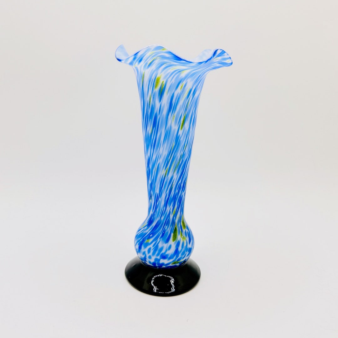 Vintage Hand Blown Blue Glass Vase With Ruffled Rim and Footed Black