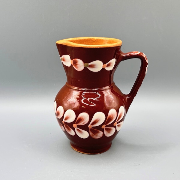 Vintage Handmade Hungarian Redware Ceramic Jug | Slipware Design