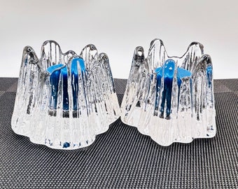 Pair of Nybro Volcanic Sweden Crystal Glass Votive Candle Holders | Iceberg | Volcano | Scandinavian Modern Art Glass