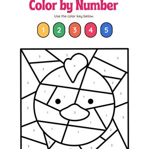May include: A black and white line drawing of a chick with a heart on its head. The image is divided into sections with numbers from 1 to 5. The numbers indicate the color to use for each section.  Color by Number.