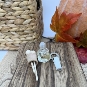 May include: A small, clear, multifaceted glass bottle containing liquid, accompanied by a light-colored wooden cap with two thin wooden sticks and a silver-toned metal clip attachment, all arranged on a dark, wood-grained surface.