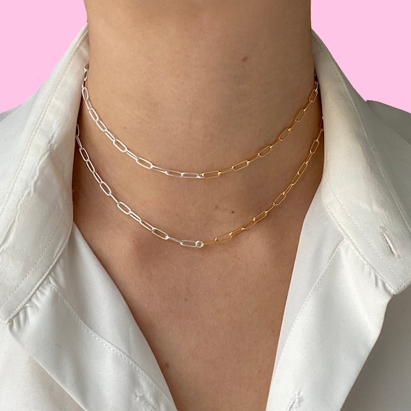 Collier chaîne en métaux mélangés, tour de cou bicolore en chaîne avec trombone, bijoux en argent sterling et or 14 carats, cadeaux bijoux pour la Saint-Valentin pour elle