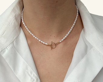 Mini Pearl Gold Toggle Necklace, Tiny Seed Pearl Beaded Choker, Dainty 14K Gold Filled Toggle & Bar, Valentine's Day Jewelry Gifts for Her