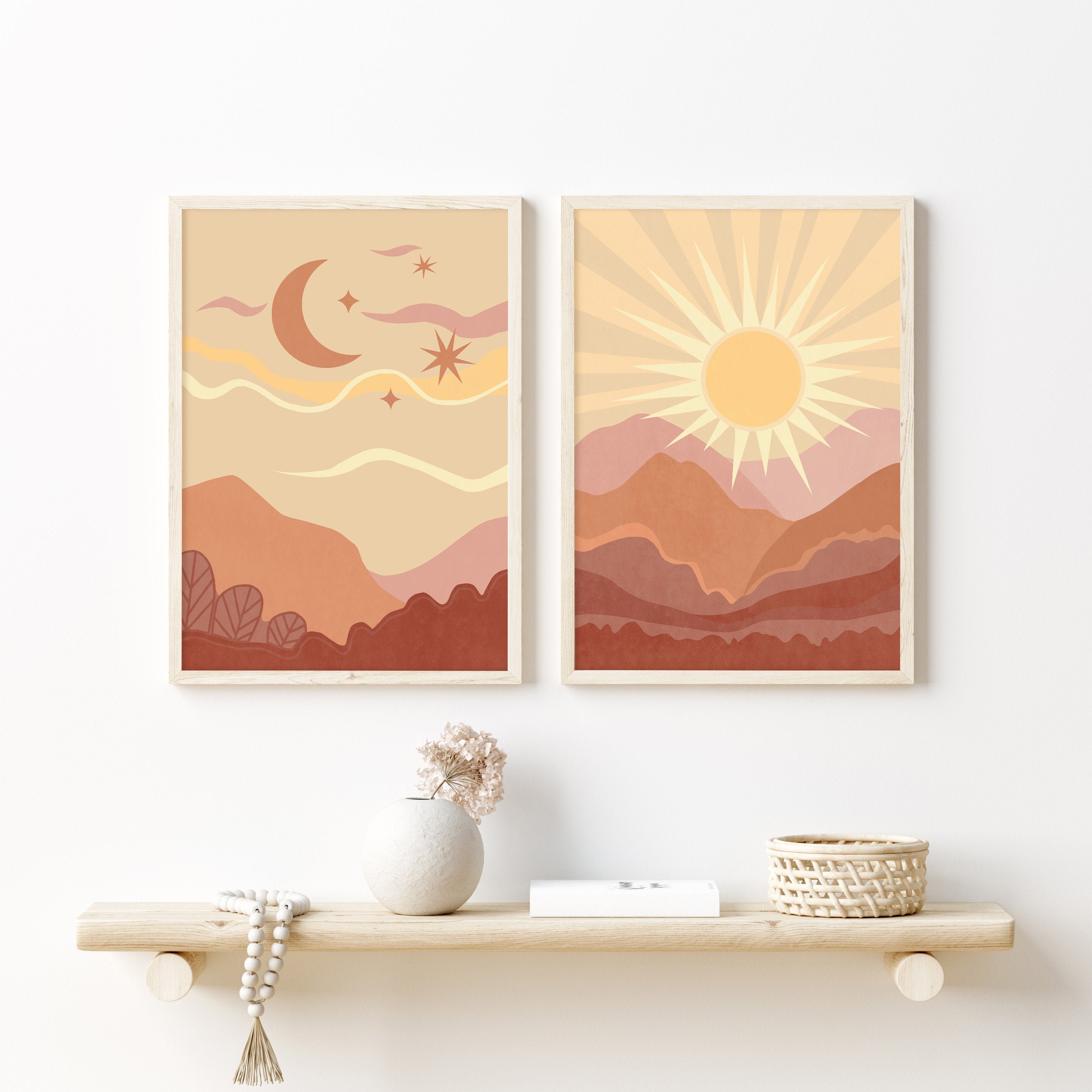 Boho Landscape Art Set Sun And Moon Print Rocky Mountains Etsy