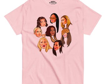 May include: Pink t-shirt with a graphic of eight women's faces in a circle. The text "MARK GLASGOW" is printed on the shirt.