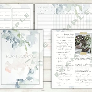 Puede incluir: Un diario de plantas imprimible con un fondo de acuarela. El diario incluye secciones para etiquetas de plantas, un calendario de riego y un registro de plantas. El diario también incluye un registro de plantas de muestra para una planta de oración con información sobre su cuidado y propagación.