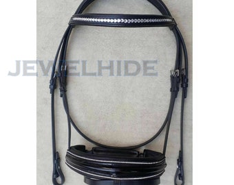 Leather Horse Bridle with All Clear Browband and Crystal Décor Noseband By Jewelhide Free Shipping