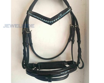 Dressage Bridles Blue Stone chain on V Patent Leather Browband Noseband + Reins In 4 Sizes By Jewelhide Free Shipping