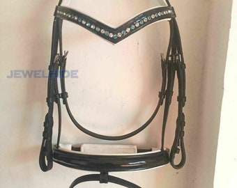 Dressage Bridles Blue & White Chain On V Patent Leather Browband Noseband + Reins In 4 Sizes By Jewelhide