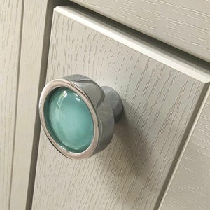 Solid brass based cupboard knob / drawer or dresser cupboard handles. Pastel Turquoise, Domed glass face cabinet hardware.