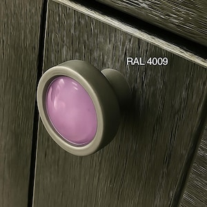 Artisan Brushed Chrome Cupboard knob with Bespoke RAL Coloured, Domed shaped Glass face. Handle for Kitchen, Bathroom or Living/Bedroom