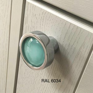 Artisan Polished Chrome Cupboard knob, Domed Glass Face, Bespoke RAL Colour.