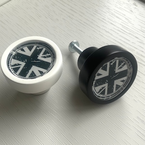Matt black, Retro UK, Union Jack Flag, glazed, cupboard knob / drawer or dresser cupboard handles. Unique decorative glass cabinet hardware.