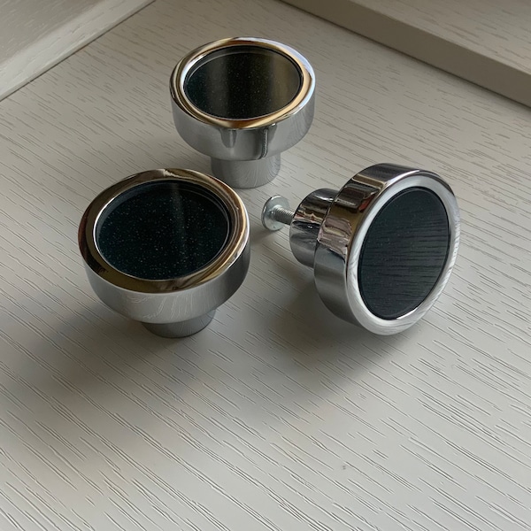 Polished chrome, Black Quartz - Marble glazed, cupboard knob / drawer or dresser cupboard handles. Unique decorative glass cabinet hardware.