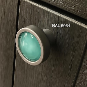 Artisan Brushed Chrome Cupboard knob with Bespoke RAL Coloured, Domed shaped Glass face. Handle for Kitchen, Bathroom or Living/Bedroom