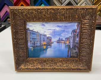 Textured Gold Frame with Venice Canal Print, Rustic Carved Bark Design, Old World Italian Decor