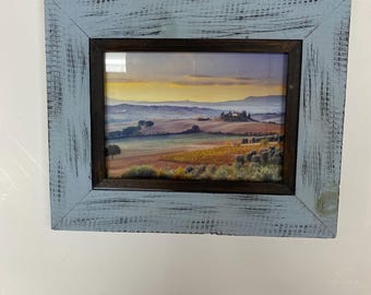Framed Tuscan Print, Rustic Blue Frame, Italy Landscape Wall Art, Farmhouse Hanging, Country Decor