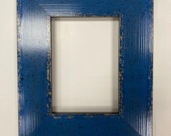 Modern Coastal Picture Frame, Distressed Cobalt Blue with Black Splatter, Rustic Ribbed Wood Frame