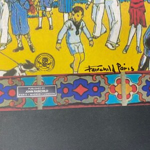 May include: A colorful illustration of people in a park, with a yellow background and a blue and red tiled border. The image includes a signature by Fairchild Paris and a seal that says "Genuine Handmade Papers, Direct from Paris".