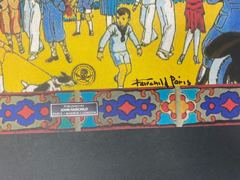May include: A colorful illustration of people in a park, with a yellow background and a blue and red tiled border. The image includes a signature by Fairchild Paris and a seal that says "Genuine Handmade Papers, Direct from Paris".