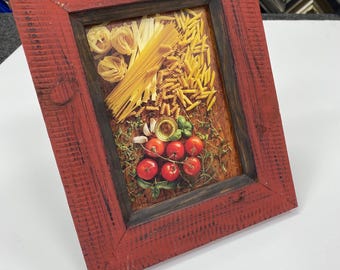 Rustic Red Framed Kitchen Art, Tuscan Pasta & Tomato Print, Farmhouse Dining Room Wall Decor