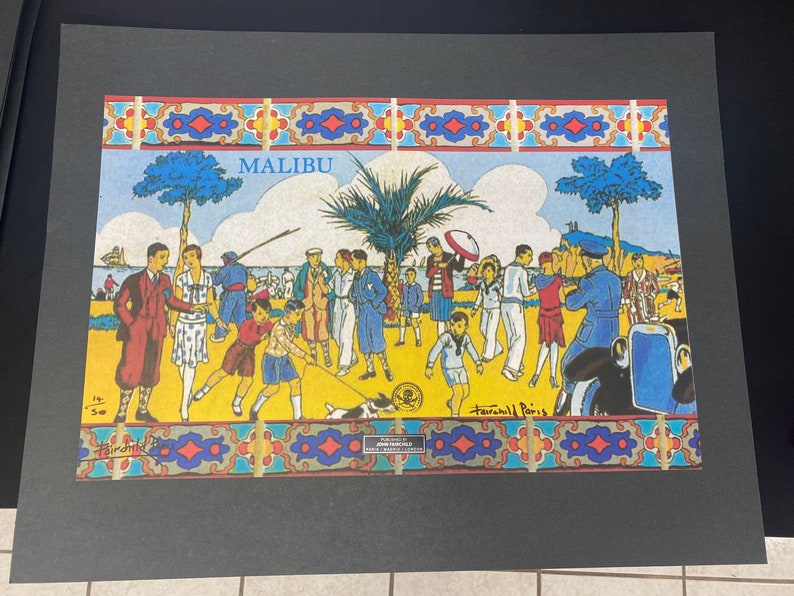 May include: A colorful vintage illustration of people on a beach in Malibu, California. The illustration features a palm tree, a car, and a group of people in various poses. The text "MALIBU" is written in blue letters at the top of the image.