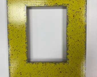 Modern Industrial Picture Frame, Distressed Yellow Splatter Finish, Weathered Metallic Silver Edge