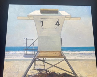May include: A painting of a white lifeguard tower with the number "14" on the side. The tower is on a sandy beach with blue ocean in the background.