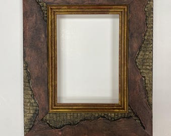 Rustic Mixed-Media Frame, Distressed Wood and Hammered Bronze Texture, Old World Tuscan Decor