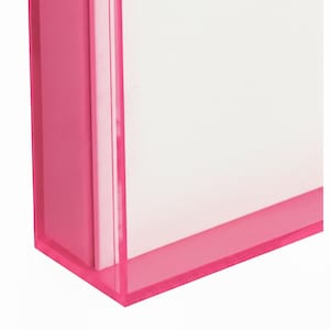 May include: A bright pink acrylic box with a white interior. The box has a clean, modern design with a clear, transparent appearance. The edges are sharply defined, and the overall aesthetic is minimalist.