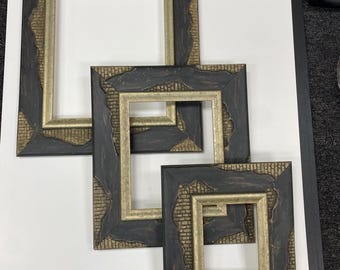 Set of 3 Black and Gold Frames, Industrial Gallery Wall Set, Rustic Mixed Media Photo Display