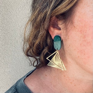 Emerald Art Deco Inspired Triangle Dangle Earrings | Triangle | Art Deco | Geometric | Boho | Gifts for Her | St Patrick’s Day