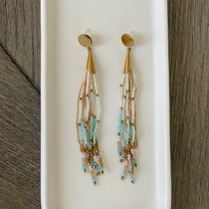 Beads and Chains Statement Earrings | Cream Gold and Turquoise | Boho | Long Dangle | Free Shipping