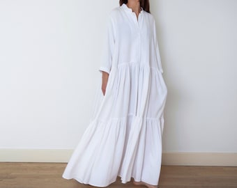 Vestido Wisteria / Vestido blanco / Vestido de verano / Vestido maxi casual / Kaftan largo elegante / Vestido camisero