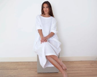 Weißes Leinen Midi/Maxi Kleid 3/4 Ärmel Loungewear/Beachwear/Schwangerschaft/Oversized/Casual Dress/