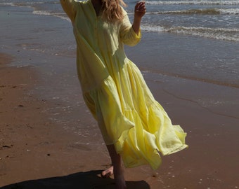 Wisteria Vestido de lino / Maxi vestido amarillo / vestido de verano / vestido casual largo / caftán elegante / vestido camisero