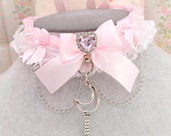 Crescent Moon Magic Wand Baby Pink satin choker necklace, kitten play collar , white lace bow Rhinestone heart with chain, Whimsygoth