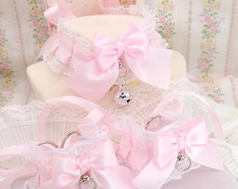 Collar and Cuffs Set , Baby Pink Bow White Lace Kitten Pet Play Gear, Costume Choker Necklace With Bell , pastel DDLG Cute