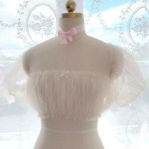 Romantic Beige Tulle Tube Crop Top Off shoulder Puff Short Sleeves Mesh top Lingerie , Kawaii Clothes