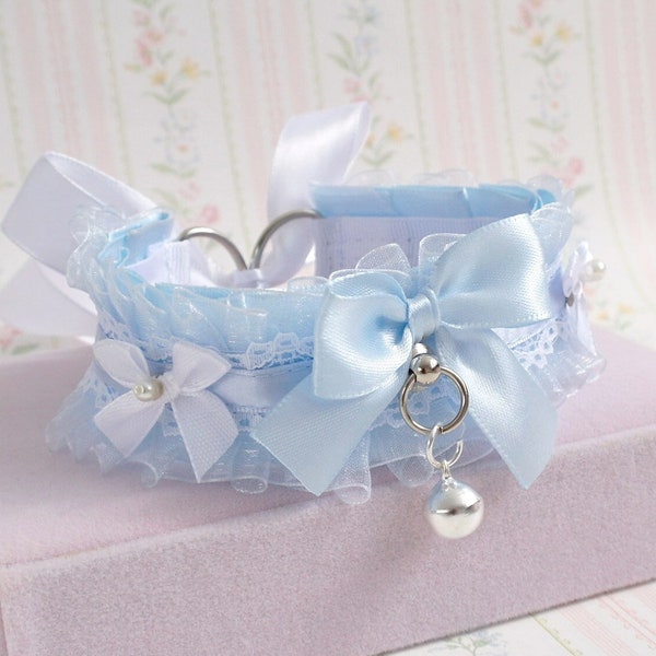 Dreamy baby blue choker necklace , kitten pet play collar , organza ruffles white lace pearl bow with a bell , pastel Jewelry