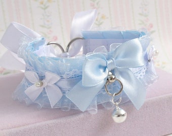 Dreamy baby blue choker necklace , kitten pet play collar , organza ruffles white lace pearl bow with a bell , pastel Jewelry