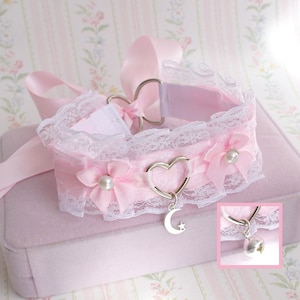 Choose your style - little crescent moon / bell , baby pink choker necklace kitten pet play collar , white lace pearl bow , cute romantic